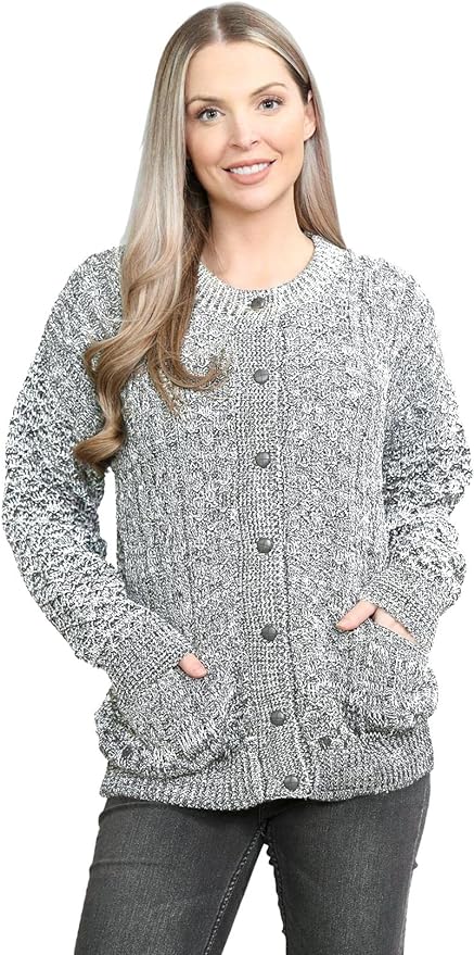 Womens Cable Knit Crew Neck Cardigan Ladies Knitted Pocket Front Button Up Aran Long Sleeve Sweater UK 8-22