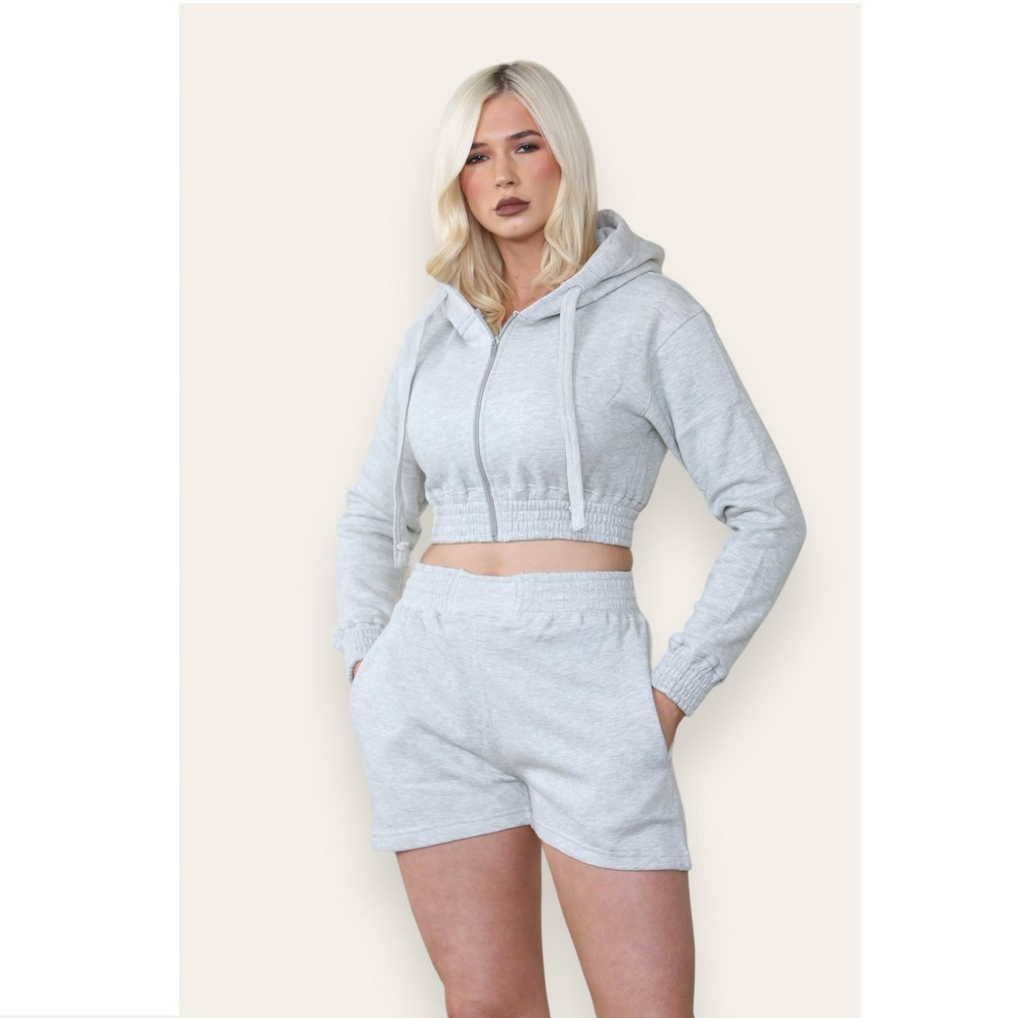 LUXE DIVA New Womens 2pcs Ruched Long Sleeve Cropped Zip Up Hoodie & Short Lounge Set UK