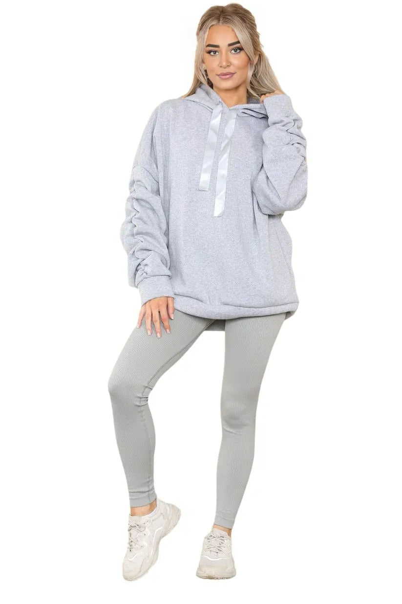 Womens Ladies Ruched Sleeve Fleece Hoodie Oversized Hooded Sweatshirt Jumper Top