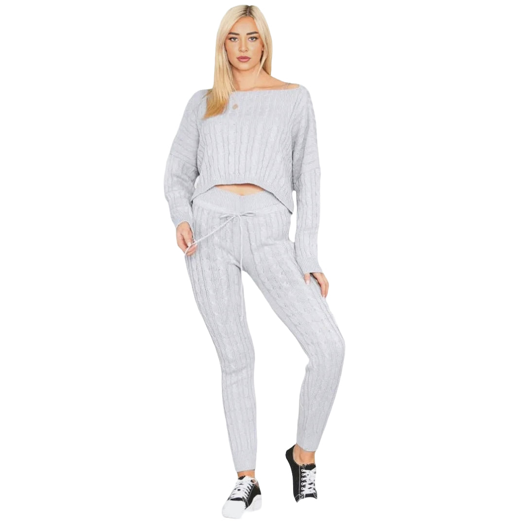 Womens Loungewear Ladies Cable Knitted Top Bottom Two Piece Co-Ords Set Tracksuit Sizes 8-14