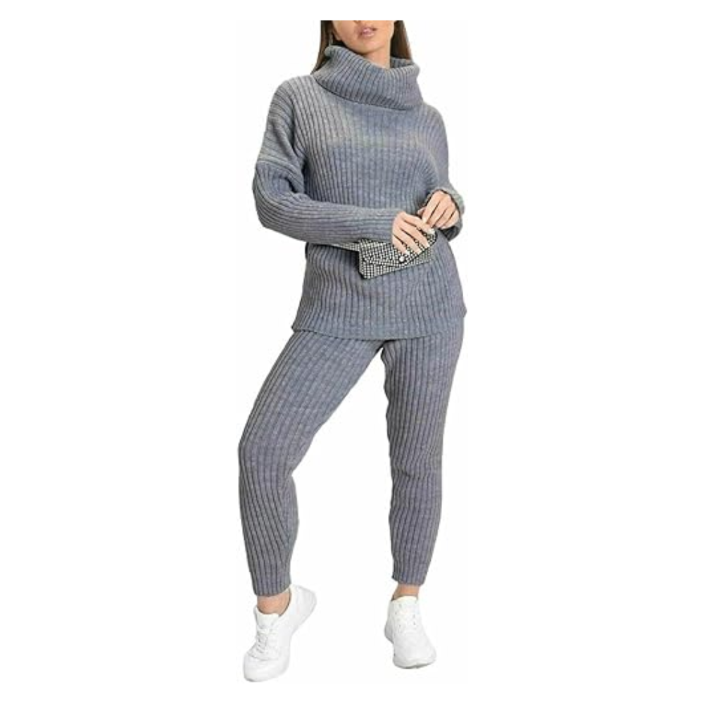 LUXE DIVA Ladies Chunky Knitted Ribbed Polo High Neck Top Set Womens Leggings Loungewear Joggers Tracksuit0