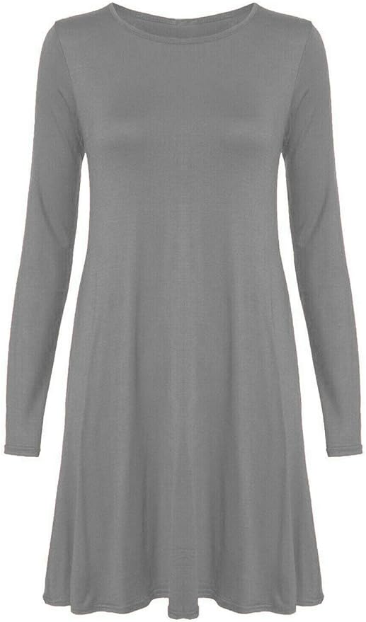 Womens Plain Long Sleeve Stretch A Line Skater Flared Swing Dress Top