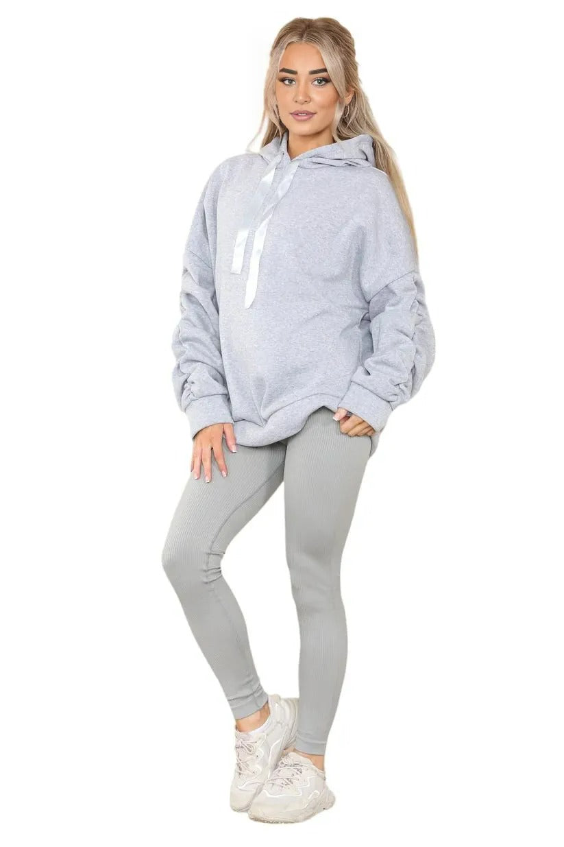 Womens Ladies Ruched Sleeve Fleece Hoodie Oversized Hooded Sweatshirt Jumper Top