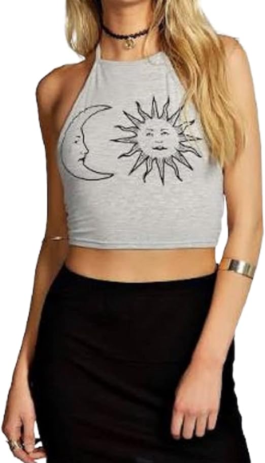 Womens Ladies New Sun Moon Print Tie Up Square Halter Neck Plain Crop Top Sleeveless Vest T Shirt Top