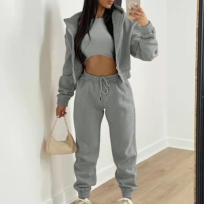 Hoodie Suit Women's Winter 3-Piece Women's Casual Tracksuit Autumn and Winter Top Vest Trousers Set Fashionable Plain Zip Hooded Trousers Casual Three Piece Set Leisure Suit