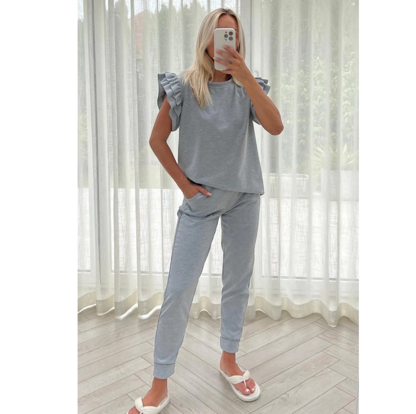 LUXE DIVA Womens Tracksuit Frill Peplum Sleeve Boxy Top Bottom Ladies Lounge Wear Set