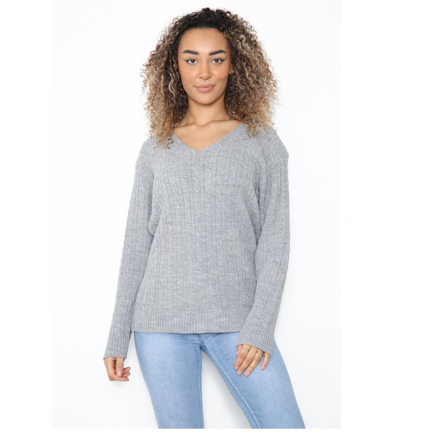 Ladies Long Sleeve V-Neck Knitted Cable Jumper