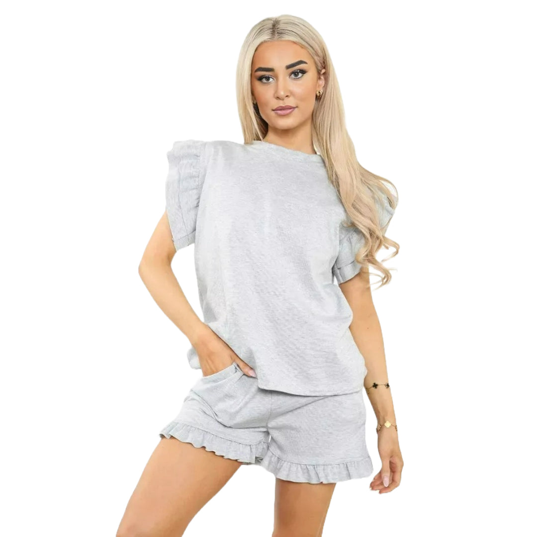 Women's Ribbed Frill Peplum Short and Top Set - Ladies Co-Ord 2 Pcs Summer Longwear Tracksuit UK Plus Size 8-22