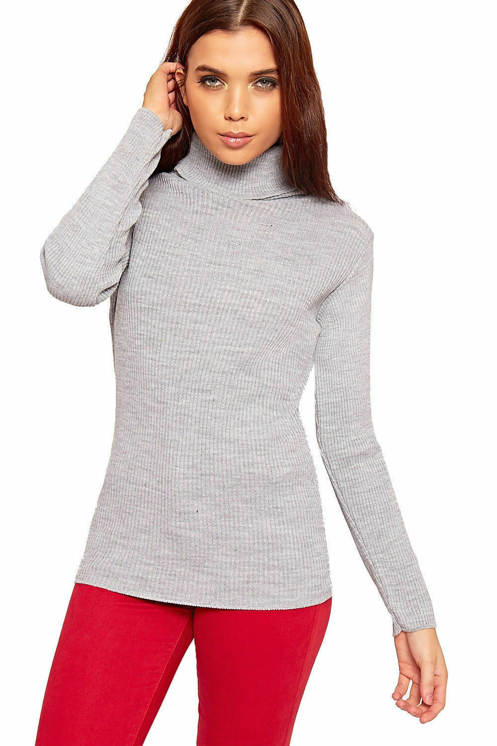 Plus Size Ladies High Polo Roll Neck Long Sleeve Ribbed Knitted Jumper Sweater