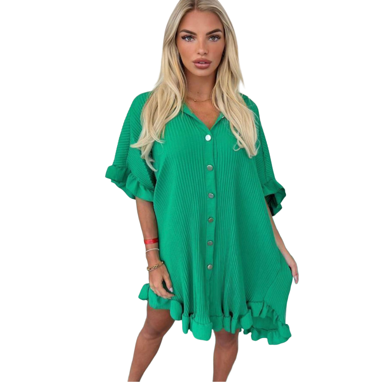 Womens Ladies Gold Button Pleated Frill Summer Shirt Swing Smock Mini Dress Top