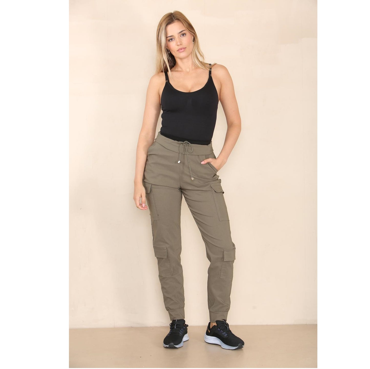 Ladies Cargo Combat Wide Leg Pants Elastic Waist 6 Pockets Work Casual Trousers