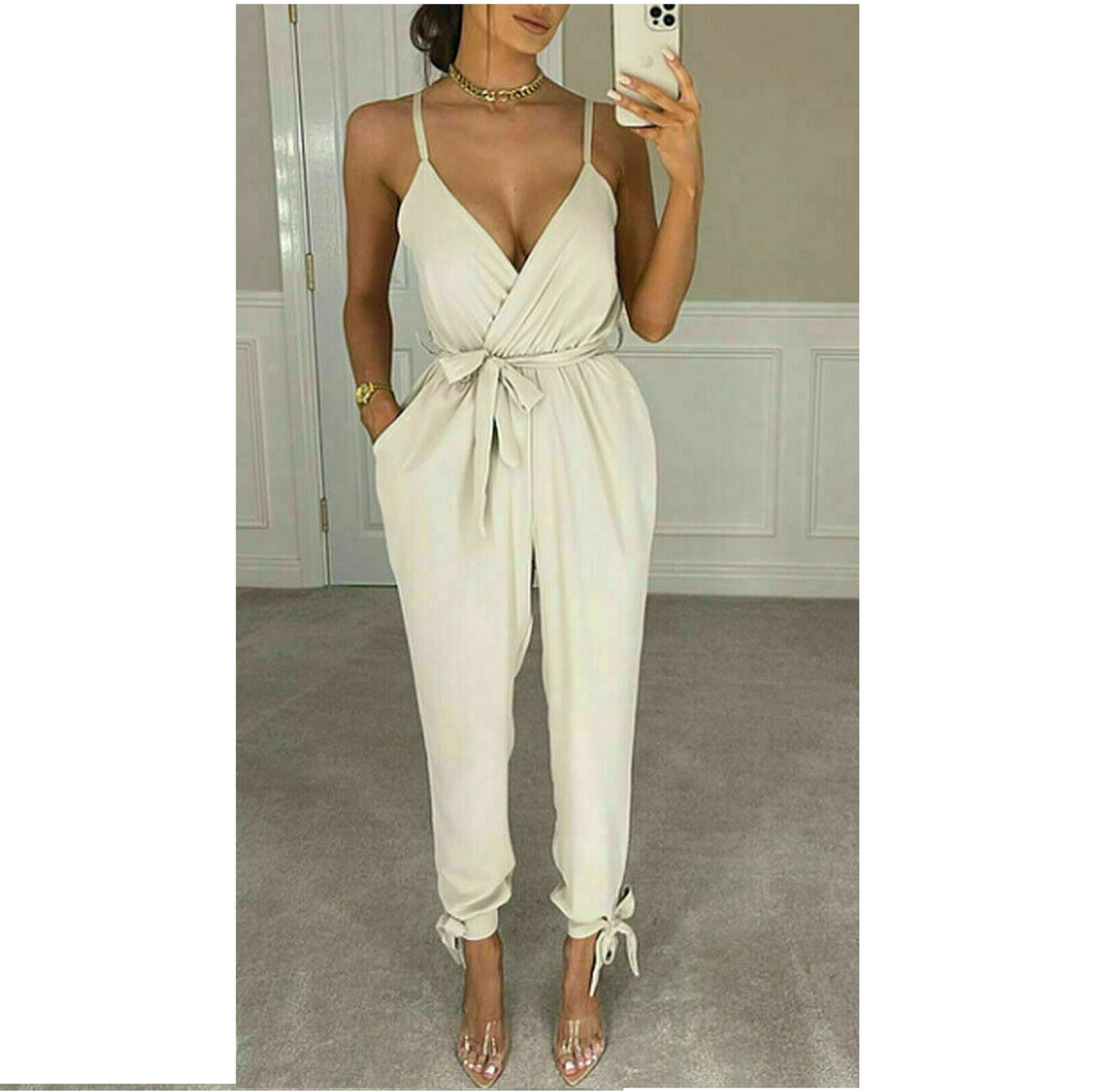 LUXE DIVA Women's V Neck Wrap Over Ankle Tie Waist Jumpsuit Ladies Harem Wide Leg Playsuit