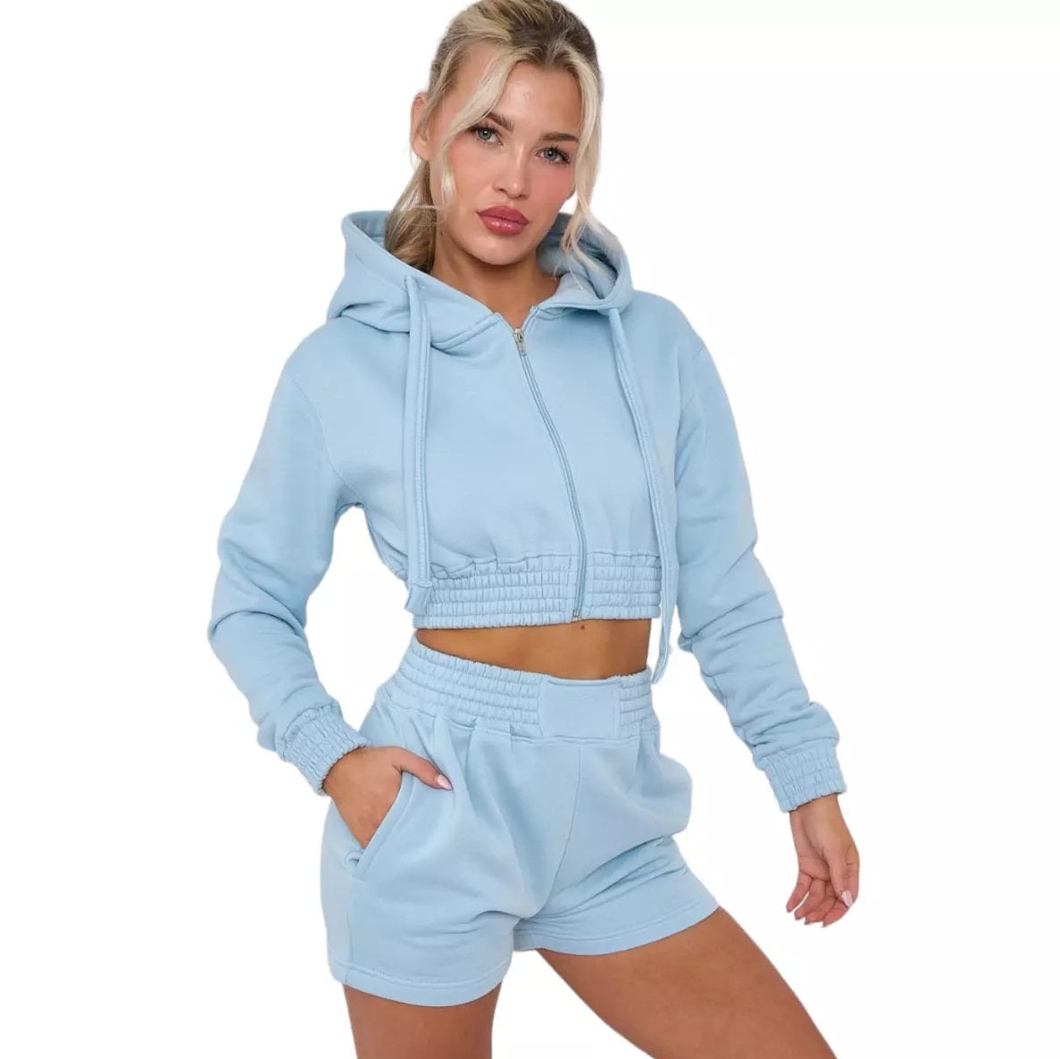 LUXE DIVA New Womens 2pcs Ruched Long Sleeve Cropped Zip Up Hoodie & Short Lounge Set UK