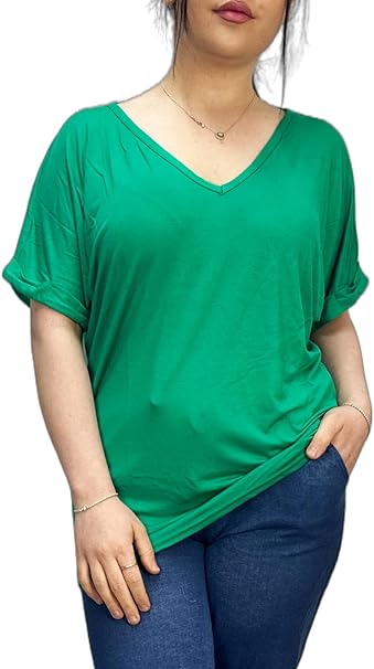 Women's New Plus Size Womens Short Turn Up Sleeve Baggy Plain Top Ladies V-Neck T-Shirt 16-26