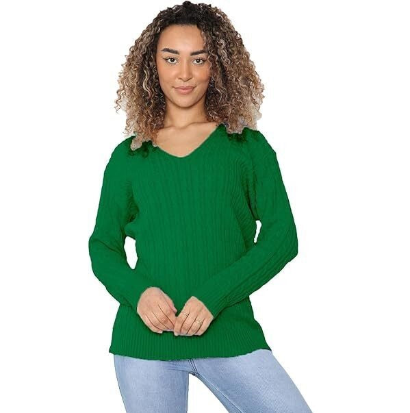 WOMEN'S LADIES CABLE KNITTED LONG SLEEVE CABLE JUMPER V NECK TOP WINTER SWEATER