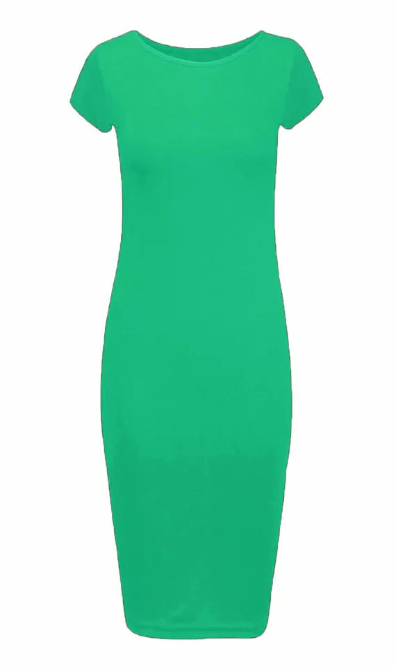 LUXE DIVA Ladies Scoop Neck Bodycon Dress Cap Sleeve Slim Fit Midi Dress Womens Plus Size Plain Stretch Ladies Jersey Midi Dress Sizes 8-26