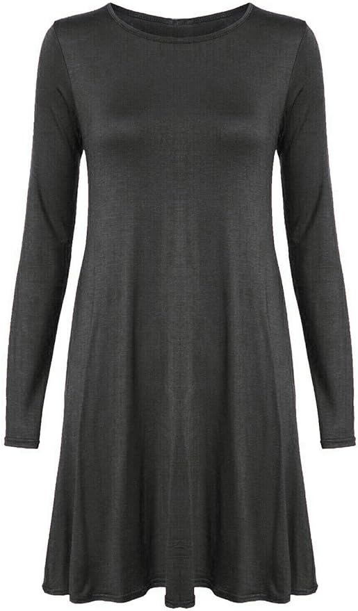 Womens Plain Long Sleeve Stretch A Line Skater Flared Swing Dress Top