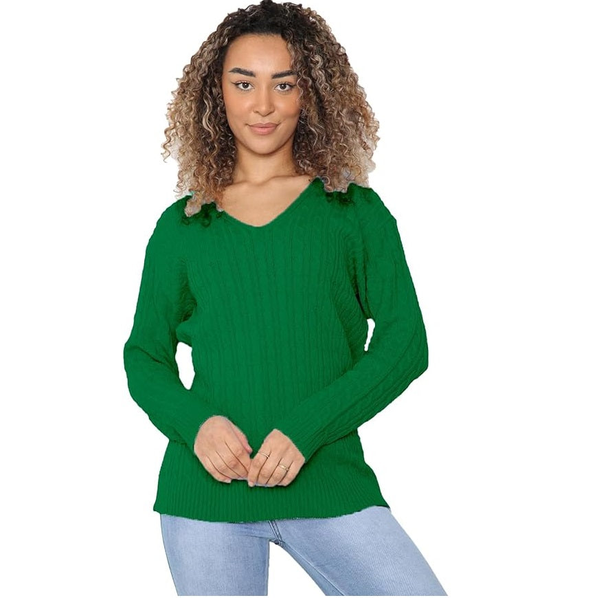 Ladies Long Sleeve V-Neck Knitted Cable Jumper