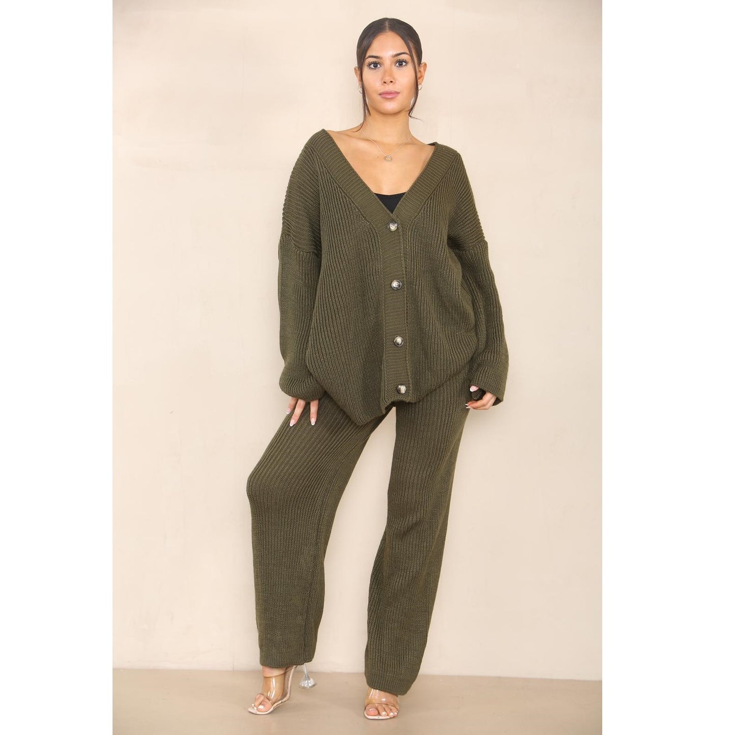 Womens Knitted Loungewear Sets Ladies Plain Chunky 4 Button Casual Winter Warm Oversized Baggy Loose Fit Ladies 2 Piece Tracksuits UK 8-14