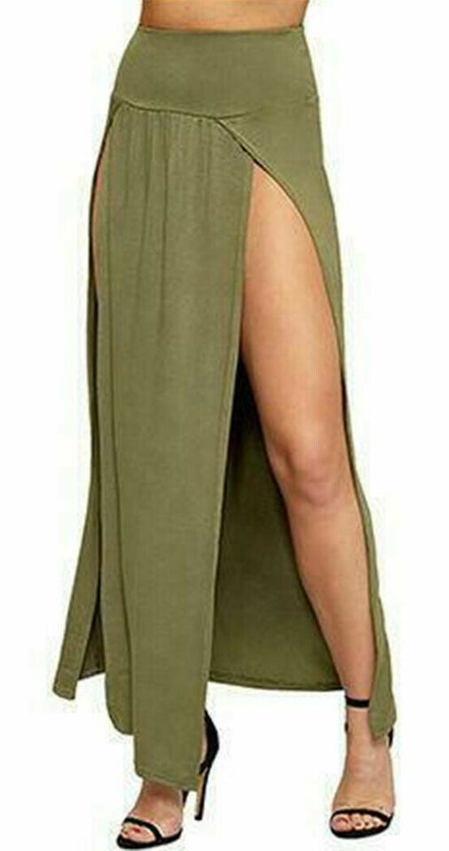 Womens Long Double Split High Waist Ladies Plain Jersey Stretch Two Side Slit Maxi Skirt