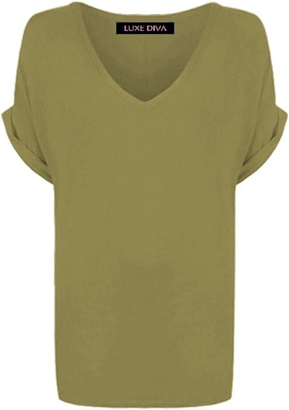 Women's New Plus Size Womens Short Turn Up Sleeve Baggy Plain Top Ladies V-Neck T-Shirt 8-14