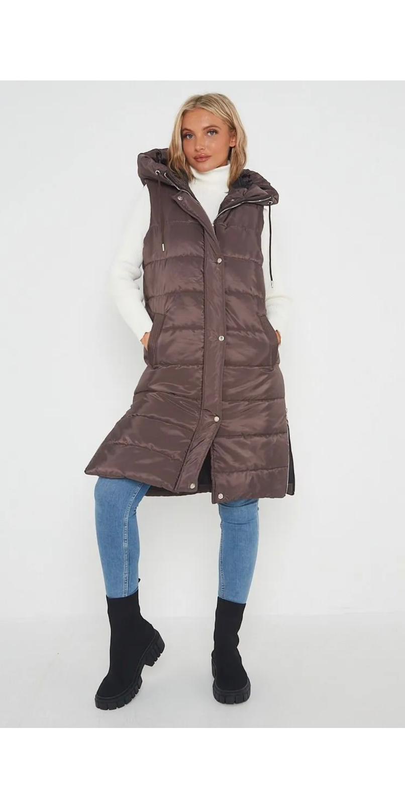 Women Long Line Hooded Puffer Gilet Jacket Padded Vest Body Warmer Top