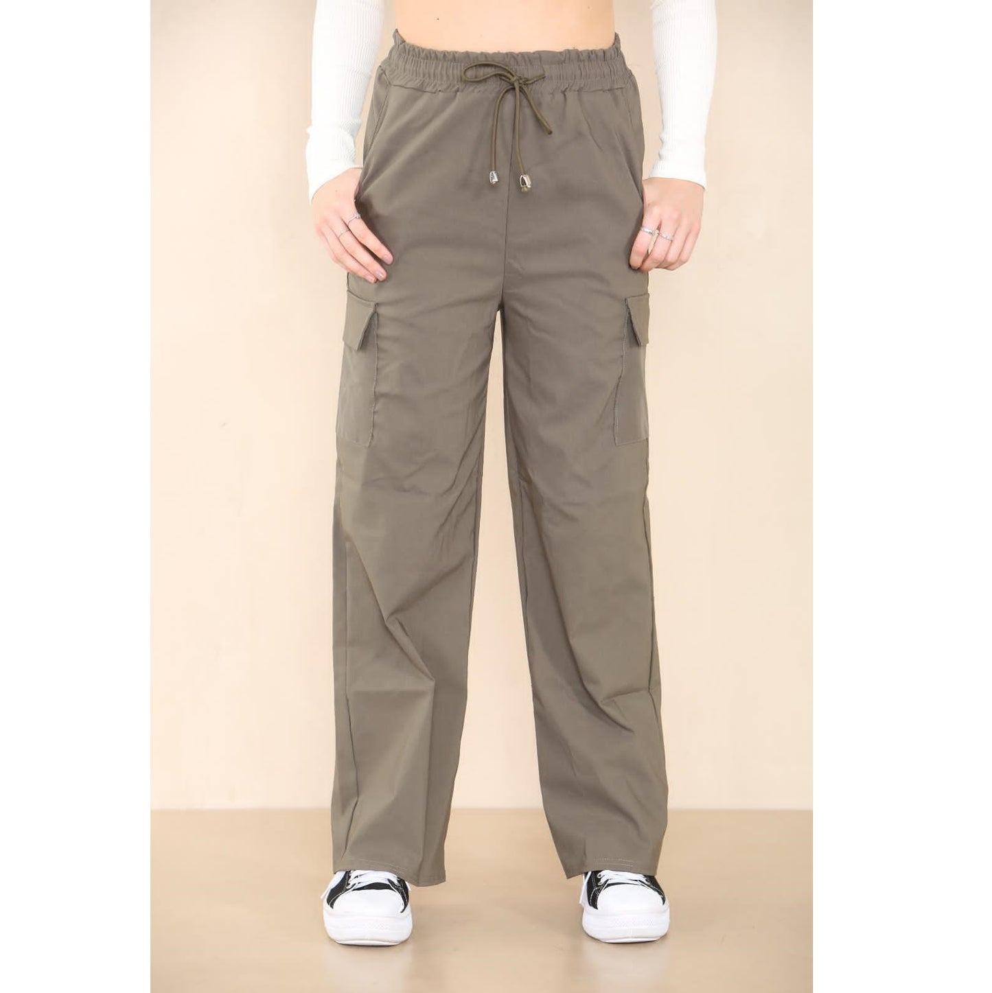 Ladies Combat Elastic Waist Band 4 Pocket Plain Wide Leg Plazzo Style Trouser