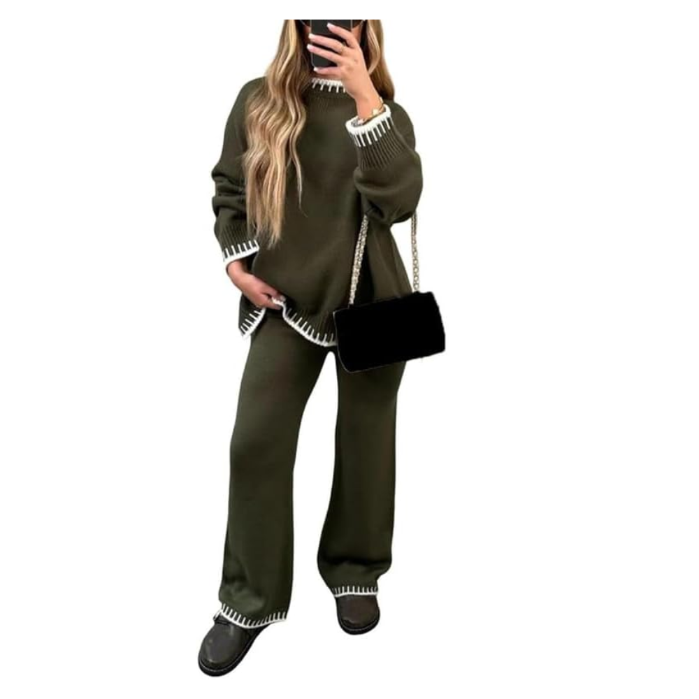 LUXE DIVA Ladies Knitted Stitched Wide Leg 2PCS Co-ord Suit Sweater Loungewear Set