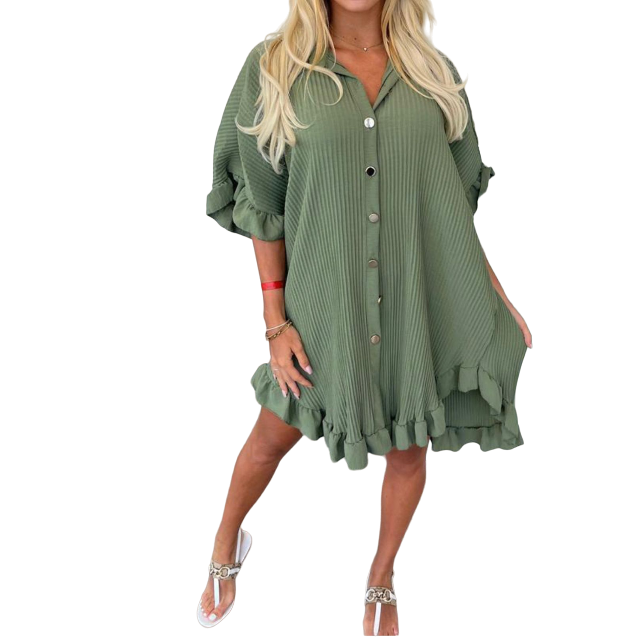 Womens Ladies Gold Button Pleated Frill Summer Shirt Swing Smock Mini Dress Top