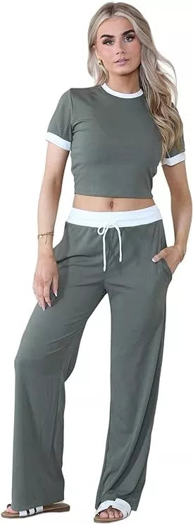 LUXEDIVA Cap Sleeve Crop Top White Stripe Contrast Pockets White Hem Draw String Trouser Set Tracksuit