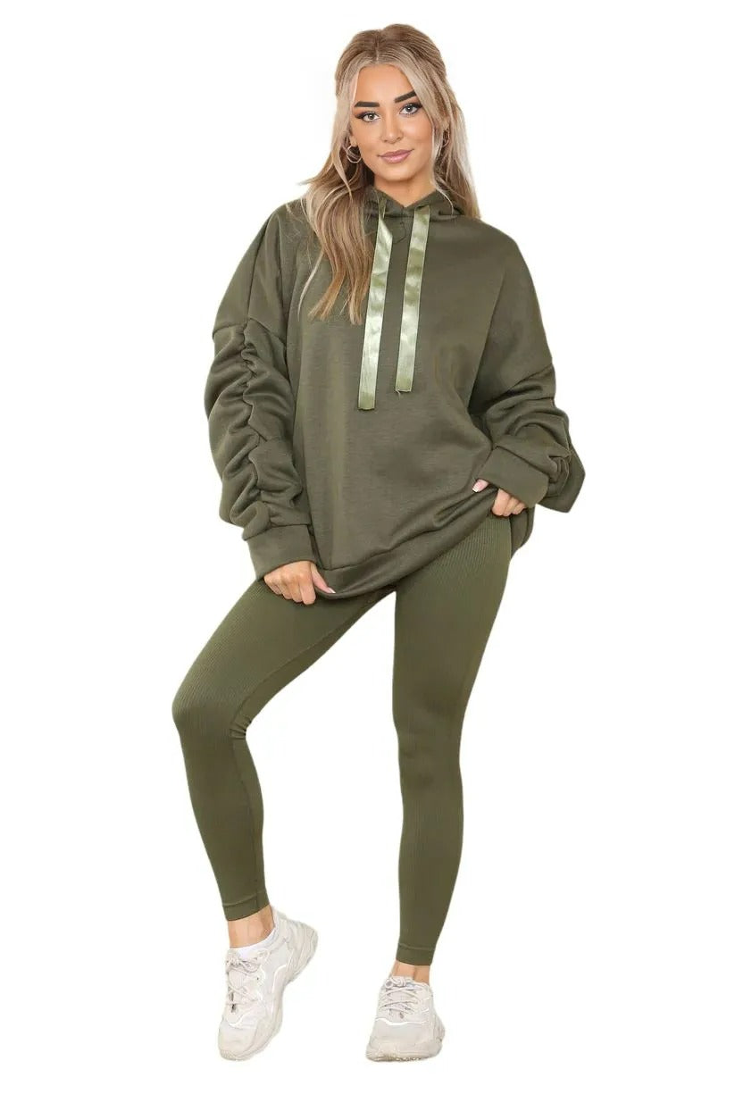 Womens Ladies Ruched Sleeve Fleece Hoodie Oversized Hooded Sweatshirt Jumper Top