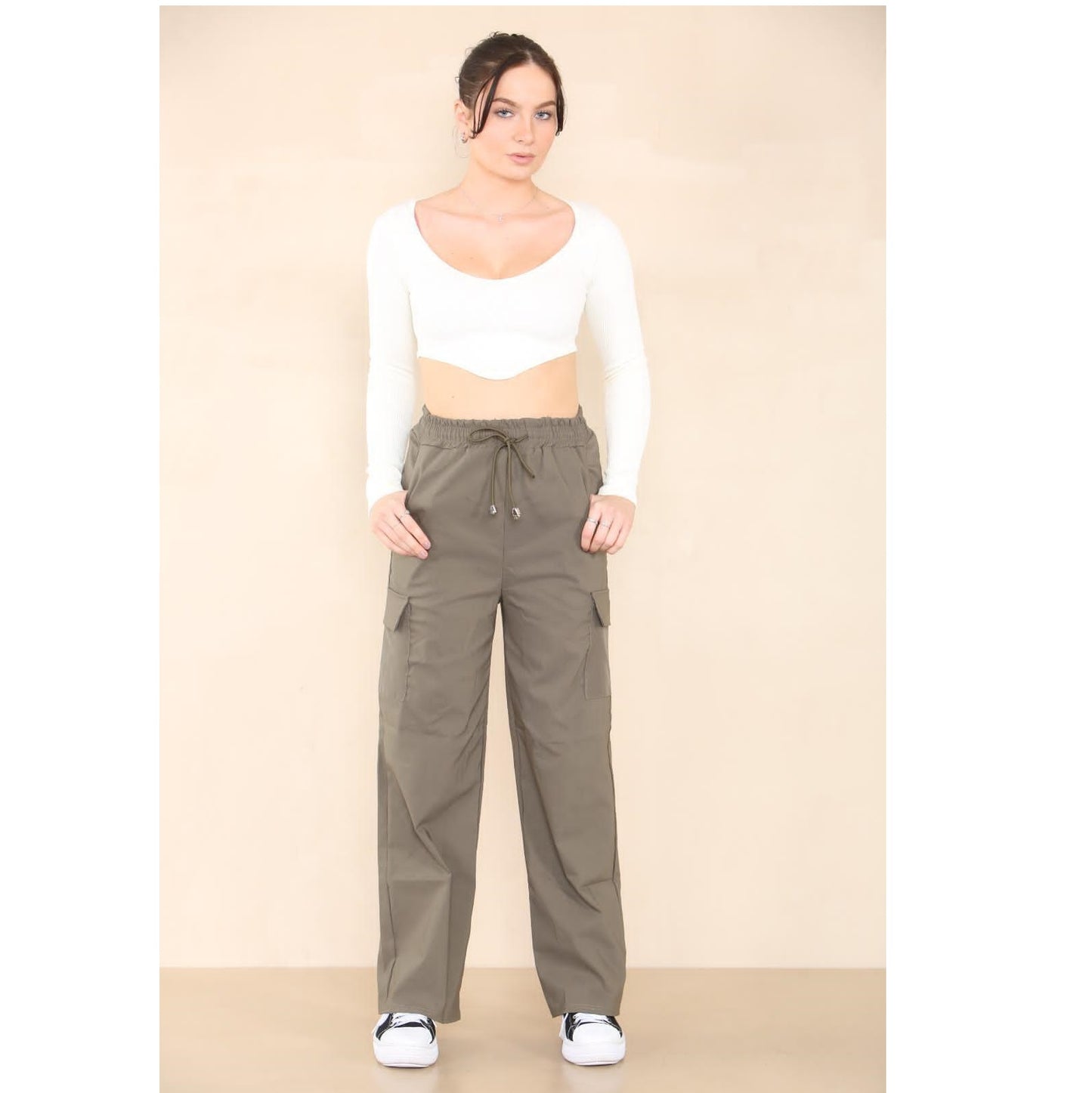 Ladies Combat Elastic Waist Band 4 Pocket Plain Wide Leg Plazzo Style Trouser