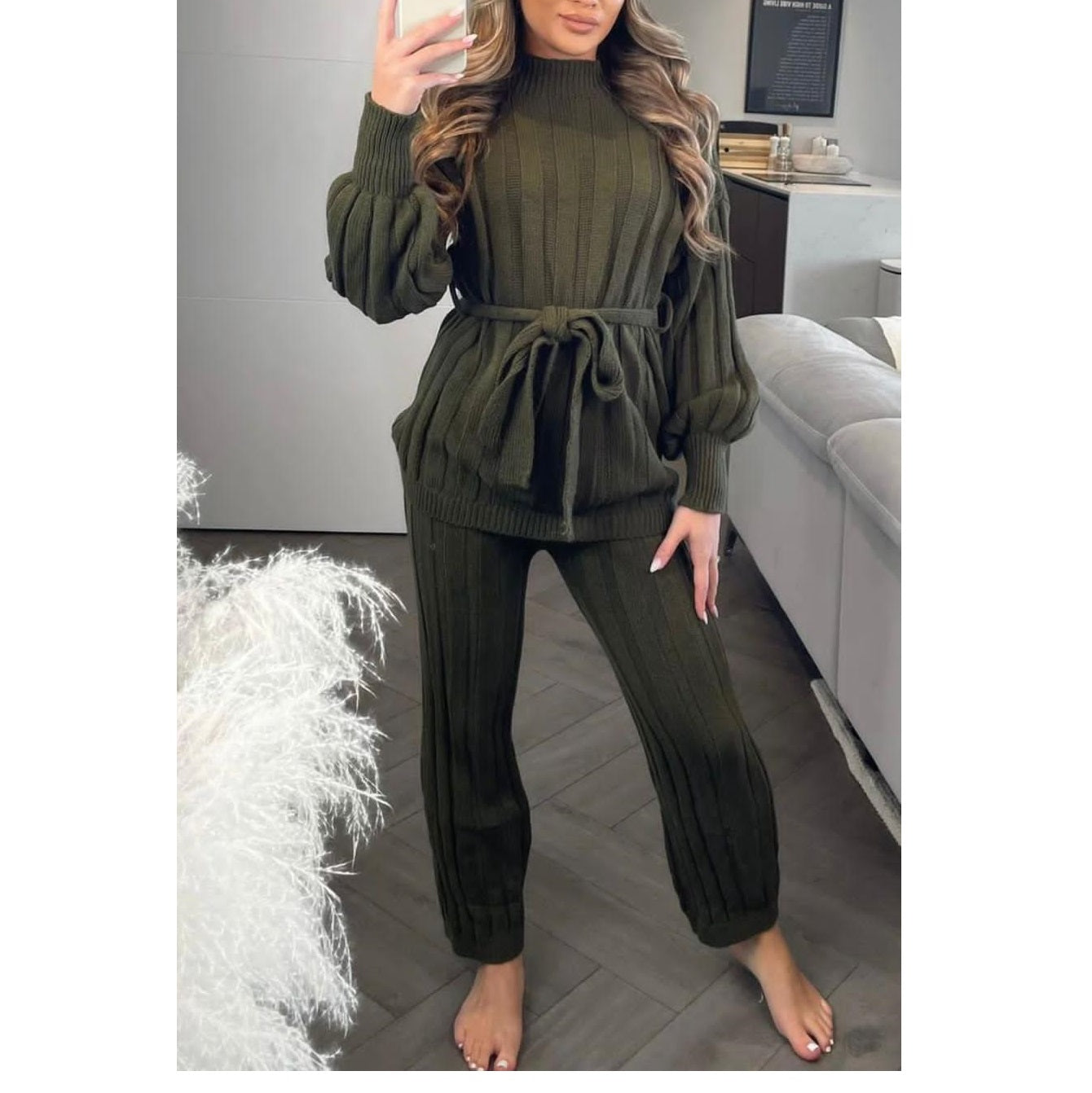 Ladies women high neck belted knitted two piece set lounge wear 2PCs Tracksuits