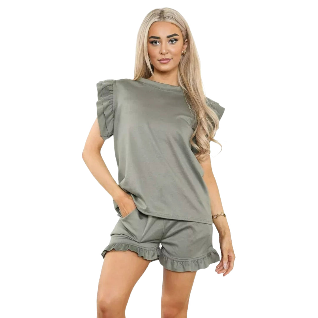 Women's Ribbed Frill Peplum Short and Top Set - Ladies Co-Ord 2 Pcs Summer Longwear Tracksuit UK Plus Size 8-22