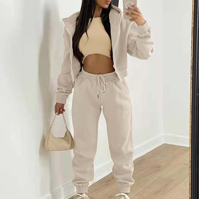 Hoodie Suit Women's Winter 3-Piece Women's Casual Tracksuit Autumn and Winter Top Vest Trousers Set Fashionable Plain Zip Hooded Trousers Casual Three Piece Set Leisure Suit