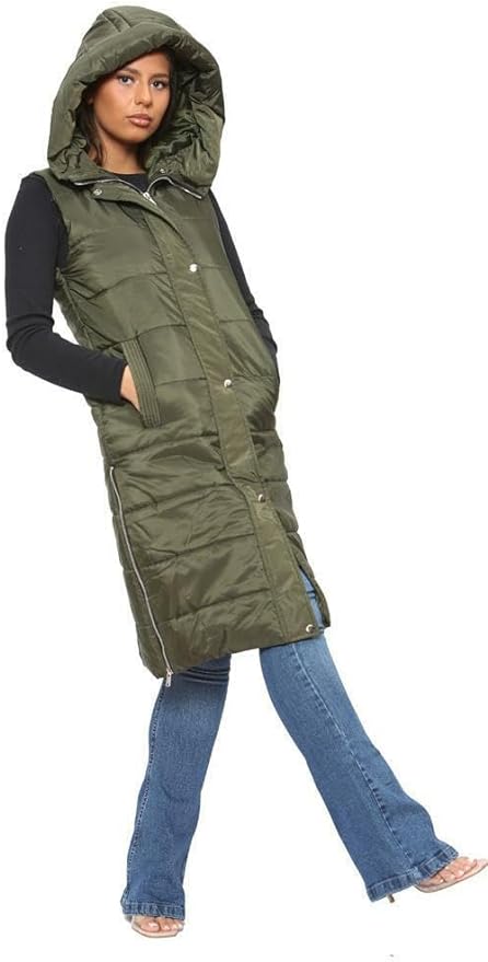 Ladies Padded Gilet Longline Hooded Jacket Quilted Winter Wear Long Hooded Side Split Puffer Gilet Long Body Warmer Coat Women's Gilet Jacket Zip Up Vest Waistcoat Size S-3XL