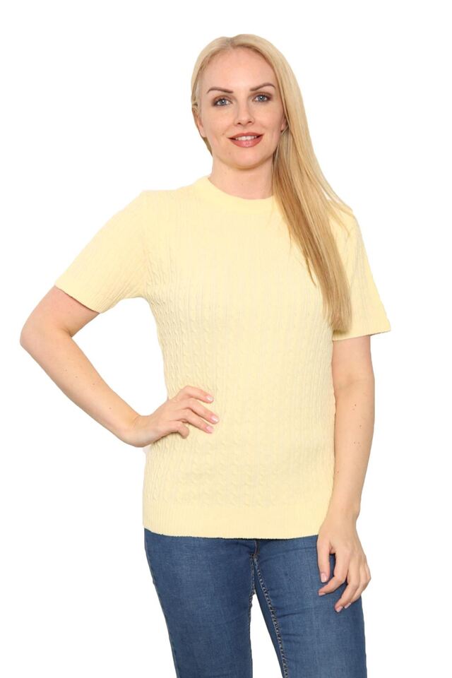 Womens Cable Knitted Jumper Short Sleeve Crew Neck Soft Smooth Warm Pullover Top