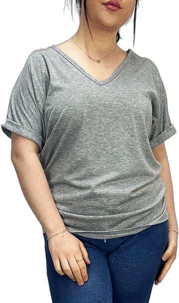 Women's New Plus Size Womens Short Turn Up Sleeve Baggy Plain Top Ladies V-Neck T-Shirt 8-14