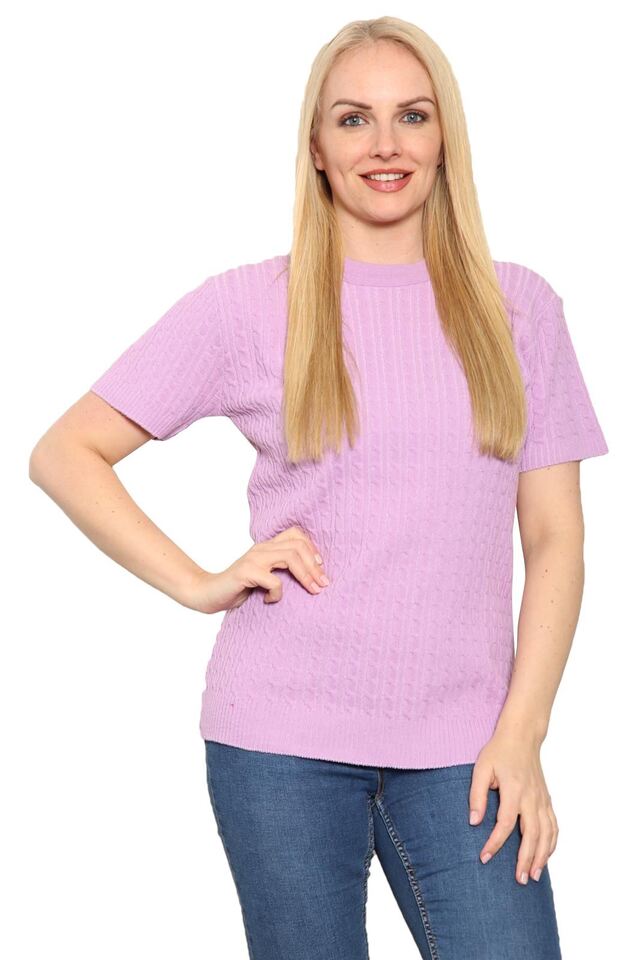 Womens Cable Knitted Jumper Short Sleeve Crew Neck Soft Smooth Warm Pullover Top