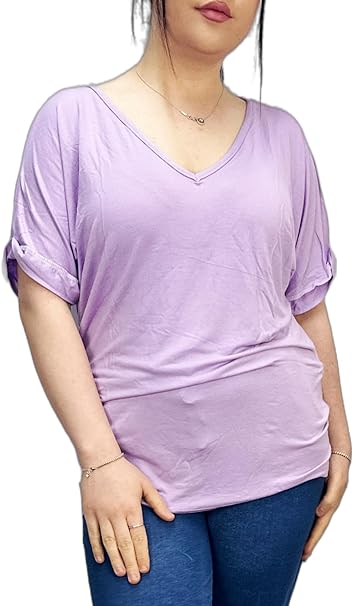 Women's New Plus Size Womens Short Turn Up Sleeve Baggy Plain Top Ladies V-Neck T-Shirt 16-26