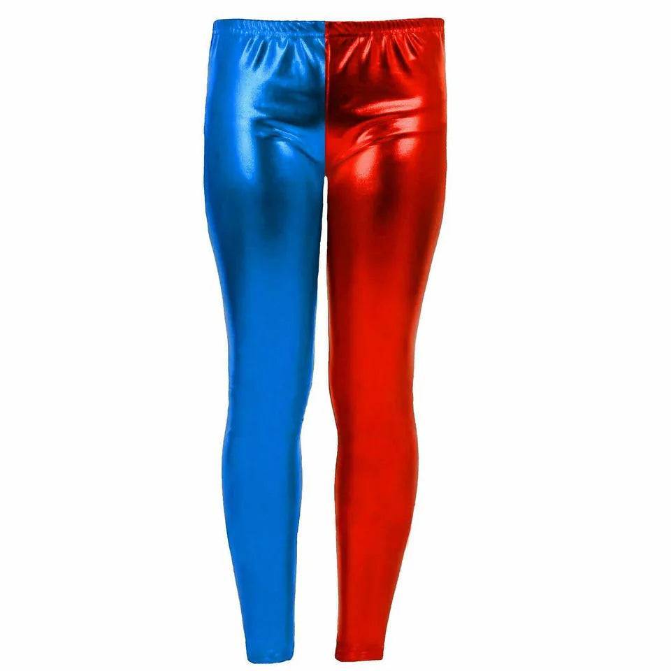 Ladies Girls Kids Halloween Costume Shiny Wet Look Jacket, Leggings, Pants Women Metallic Red & Blue Hot Sexy Shorts