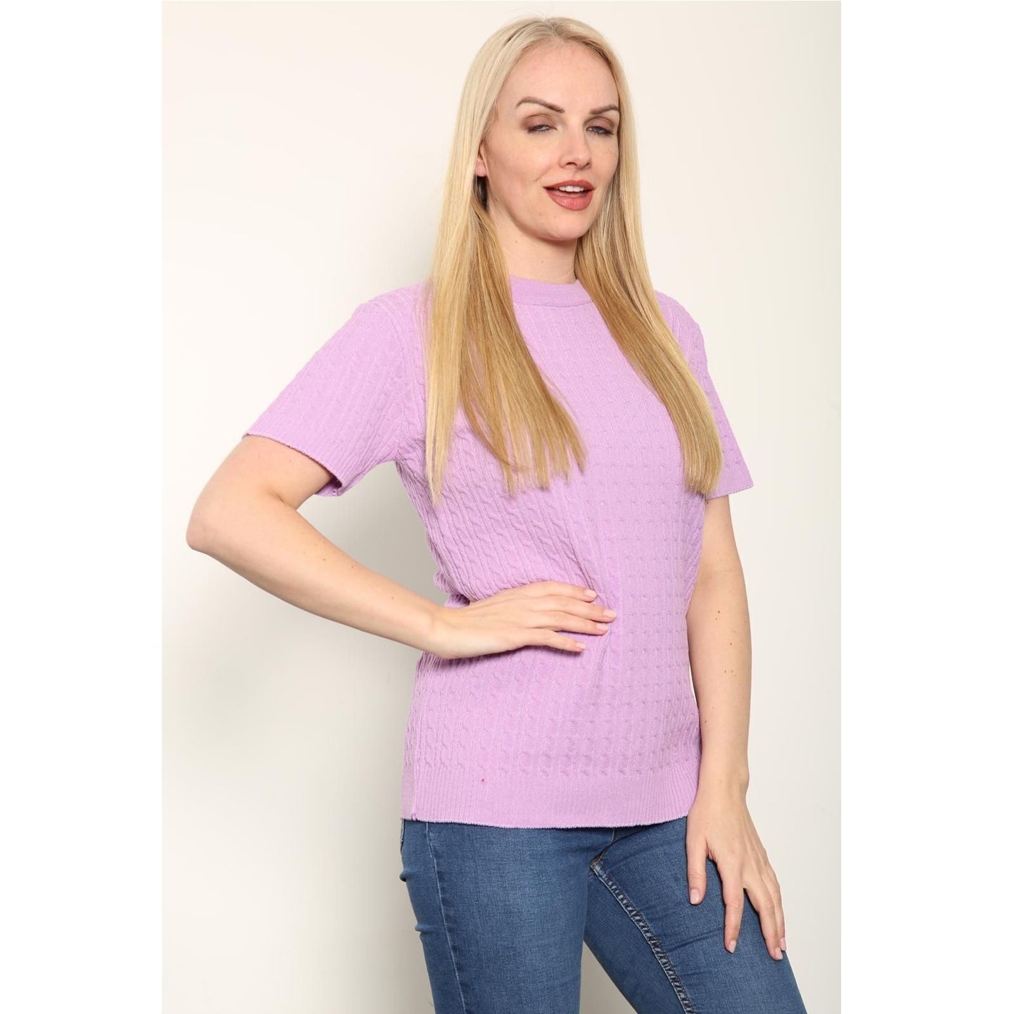 Ladies Knitted Short Sleeve Top Soft Knit Sweater Crew Neck Short Sleeve Jumper