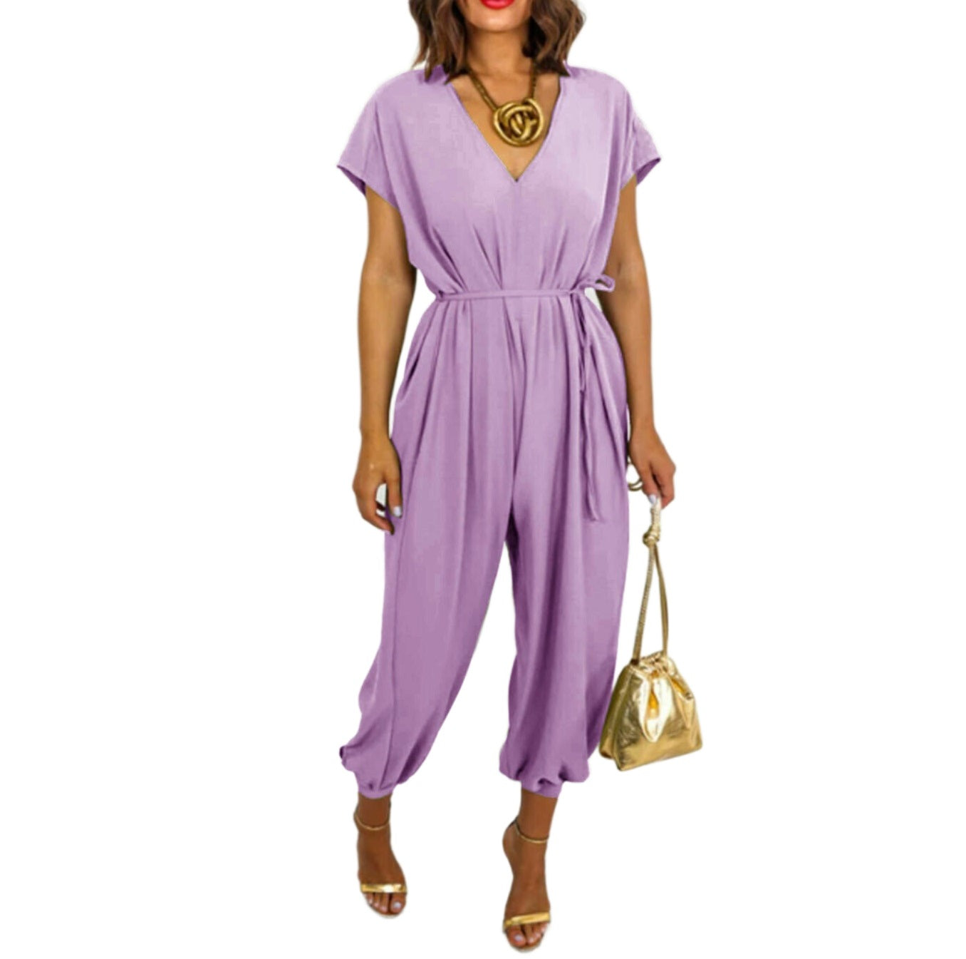 LUXE DIVA Womens V Neck Tie Belted Waist Parachute Wide Leg Jumpsuit Ladies Harem Playsuit