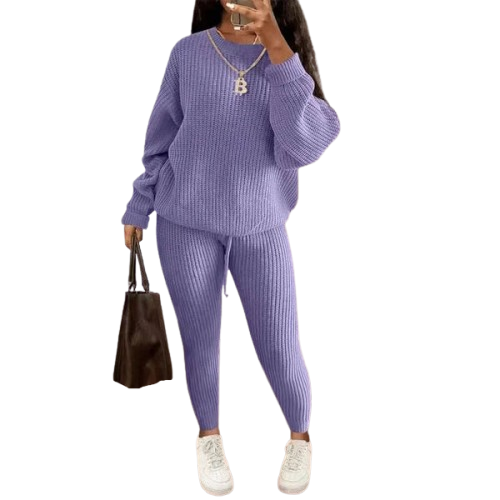 Women's Solid Drop Shoulder Sweater Set, 2024 New Drop Shoulder Rib-Knit Sweater & Pants Set