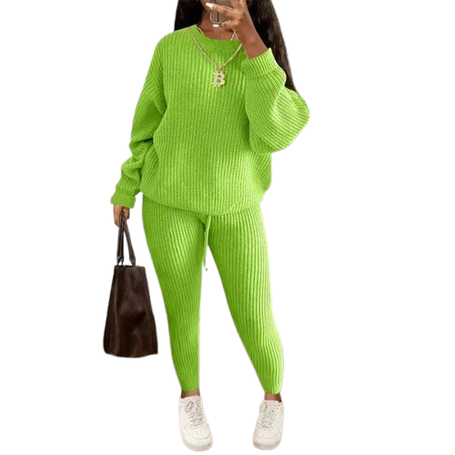 Women's Solid Drop Shoulder Sweater Set, 2024 New Drop Shoulder Rib-Knit Sweater & Pants Set