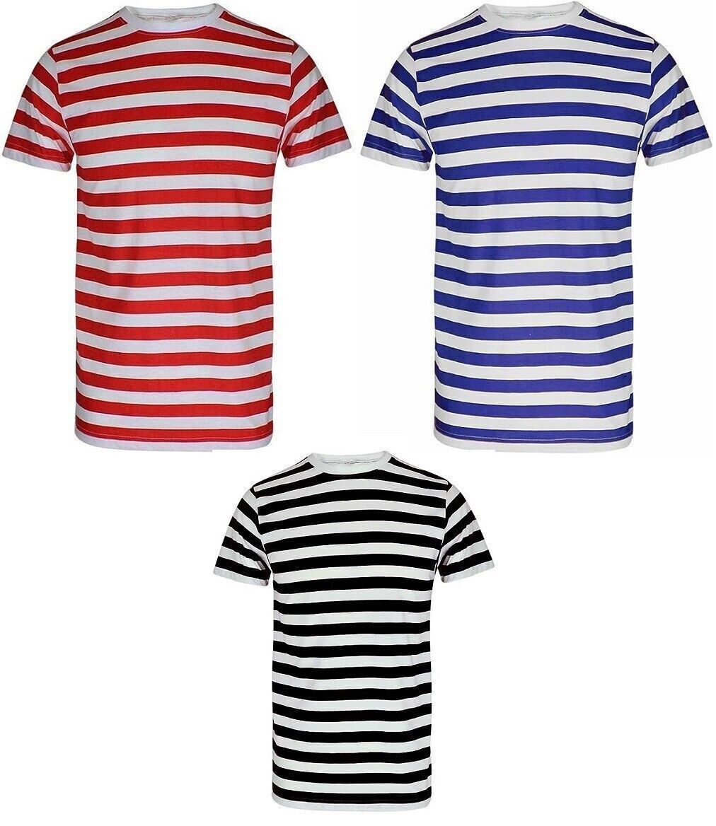 MEN WOMEN'S STRIPED T-SHIRT UNISEX CREW NECK SHORT SLEEVE CASUAL SUMMER TOP UK SIZES S-2XL