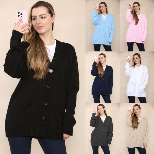 LADIES WOMENS PLAIN V NECK 5 BUTTON LONGLINE OVERSIZE LOOSE FIT KNITTED CARDIGAN