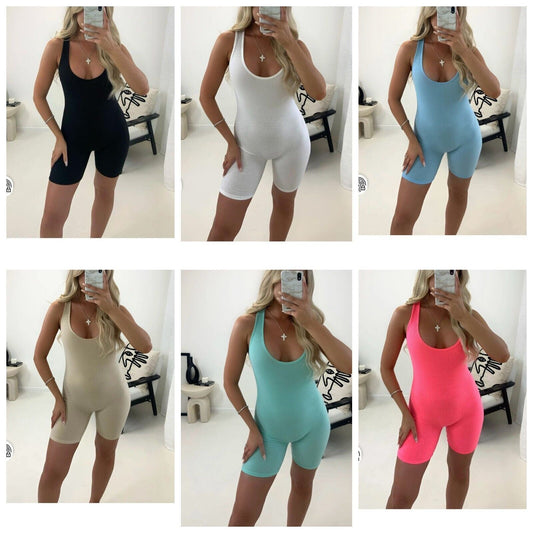 LADIES ALL IN ONE RIBBED PLAYSUIT MINI UNITARD BODYSUIT MUSCLE VEST STYLE