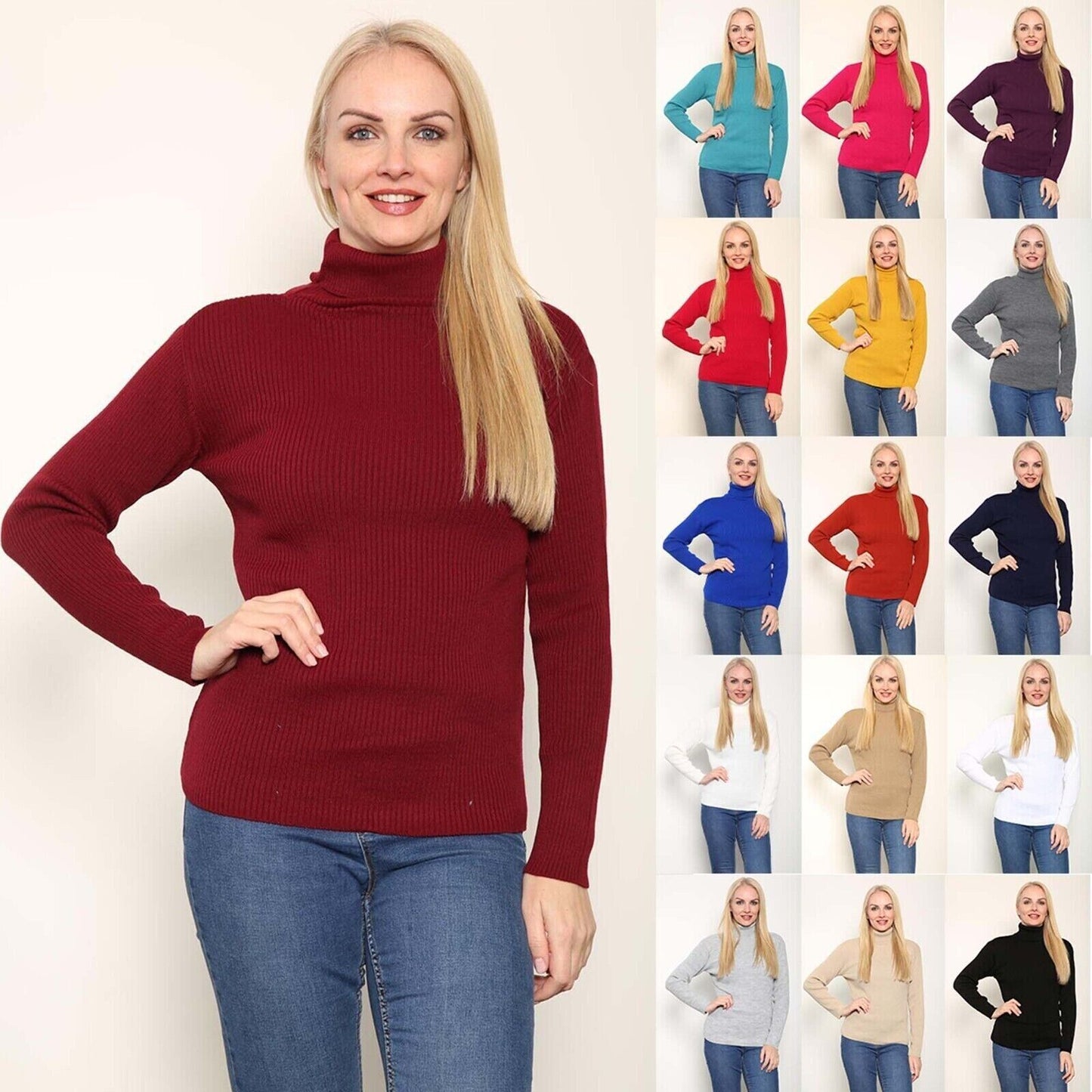 Ladies High Roll Neck Fine Jumper Sweater Long Sleeve Polo Ribbed Top