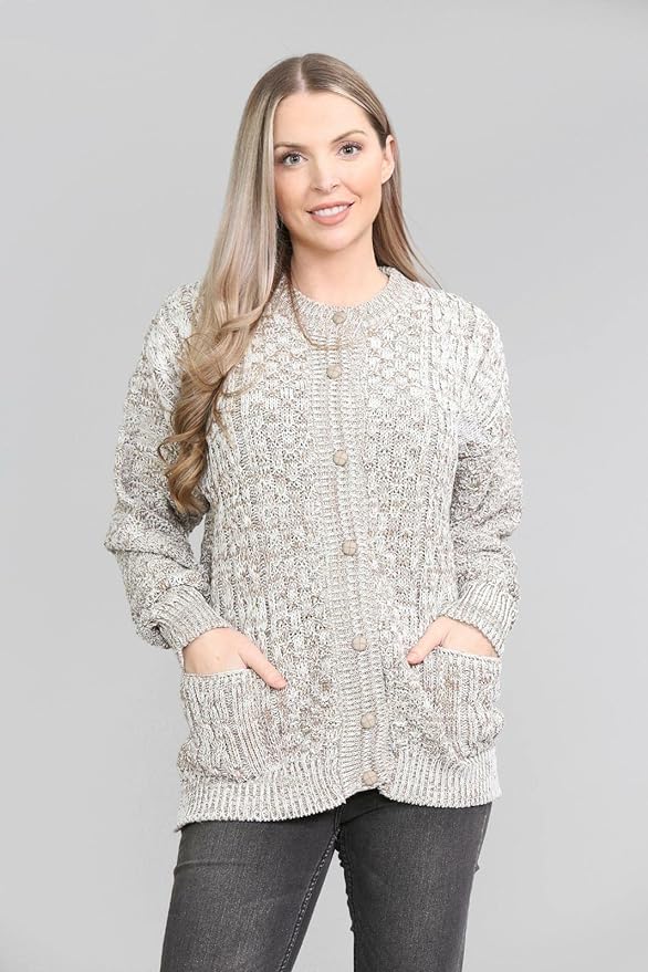 Womens Cable Knit Crew Neck Cardigan Ladies Knitted Pocket Front Button Up Aran Long Sleeve Sweater UK 8-22